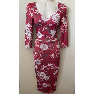 Golden State Red Floral V Neck 3/4 Sleeve Crop Top Midi Pencil Skirt Set Size XS